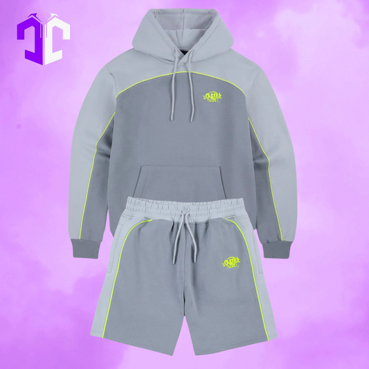 Syna World Hoodie/Shorts Set - Light Grey/Neon